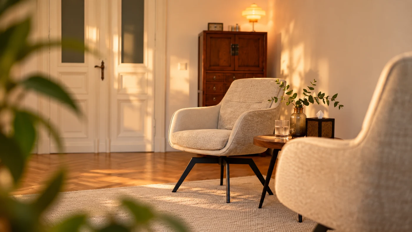 Therapieraum mit zwei Sesseln und warmem Tageslicht